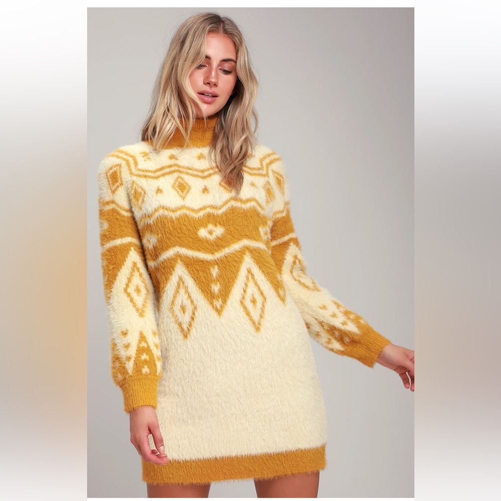 Honey Punch Manitou Mustard Yellow Print Fuzzy Sweater Dress